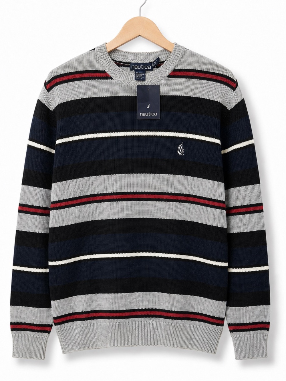 VTG 90s Nautica Striped Sweater Mens small NWT Deadstock Crewneck Knit Gray Red
